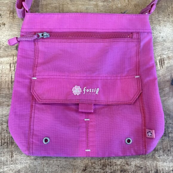 Vintage Y2K Fossil Surfco Canvas Shoulder Bag Pink Blue Hibiscus Island Hawaiian - Picture 2 of 10